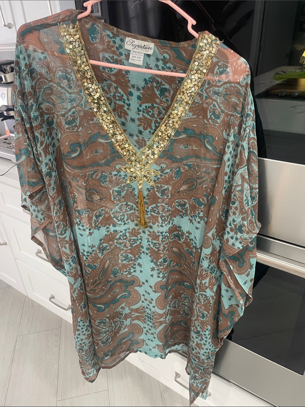 Signature Aqua & Brown Paisley Sequin-Trim V-Neck cover up